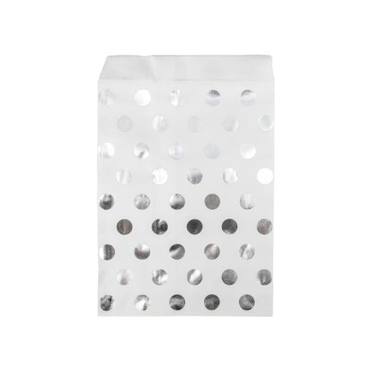 6" x 9" White and Silver Polka Dot Flat Paper Gift Shopping Bags (100 Pack)