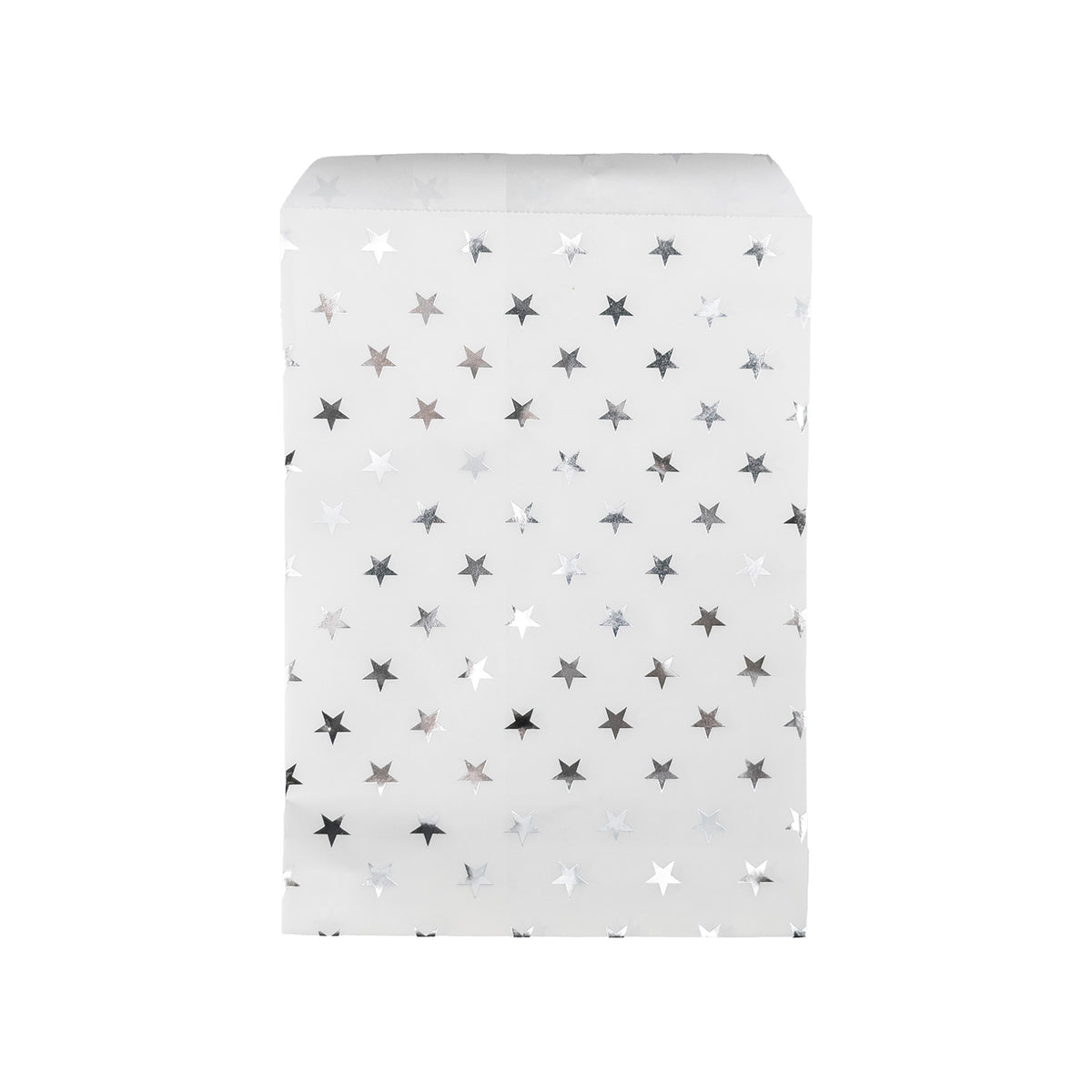6" x 9" White and Silver Stars Flat Paper Gift Shopping Bags (100 Pack)