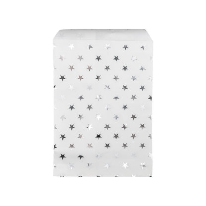 6" x 9" White and Silver Stars Flat Paper Gift Shopping Bags (100 Pack)