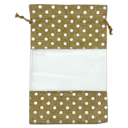7 1/2" x 11 1/2" Beige with Silver Polka Dot Linen Burlap and Sheer Organza Gift Bag