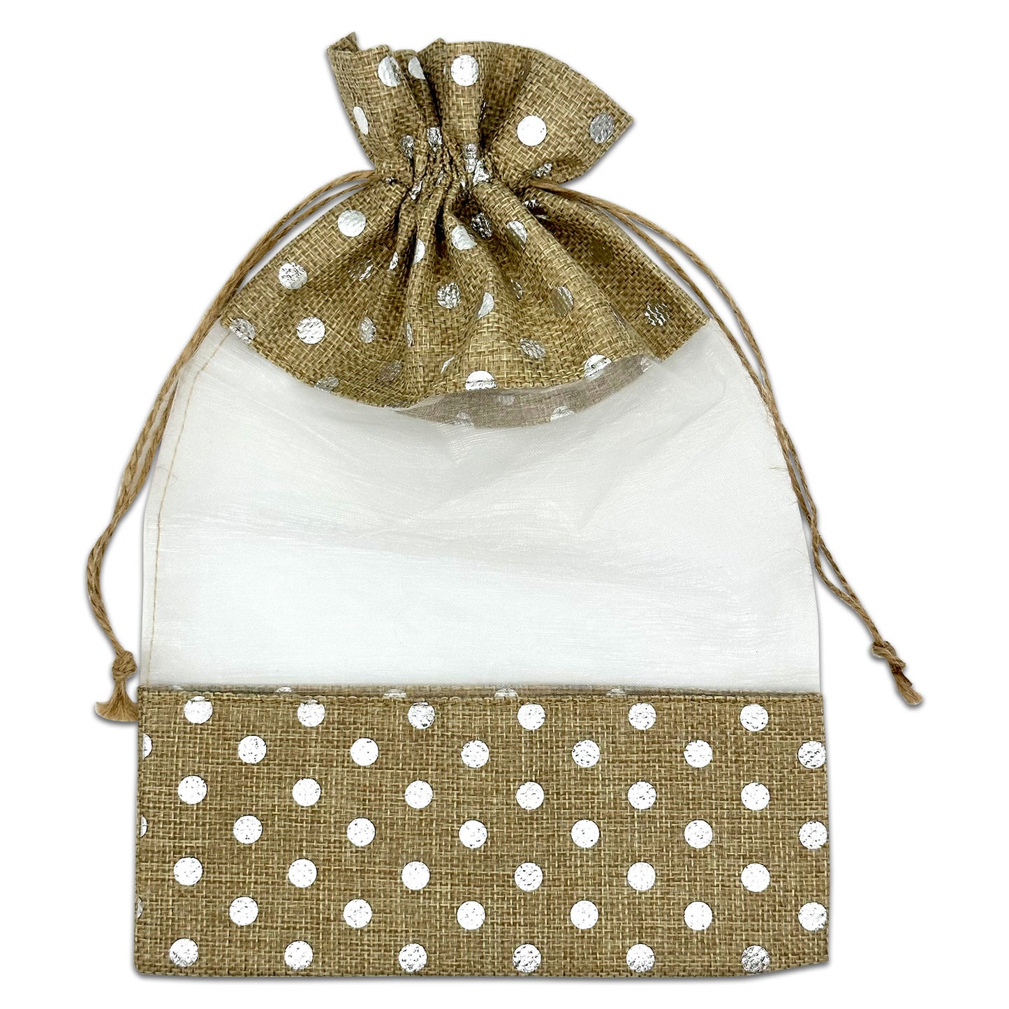 7 1/2" x 11 1/2" Beige with Silver Polka Dot Linen Burlap and Sheer Organza Gift Bag