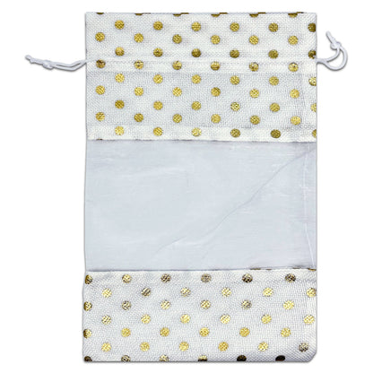 7 1/2" x 11 1/2" White with Gold Polka Dot Linen Burlap and Sheer Organza Gift Bag