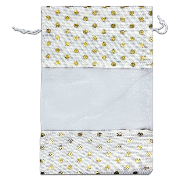 7 1/2" x 11 1/2" White with Gold Polka Dot Linen Burlap and Sheer Organza Gift Bag