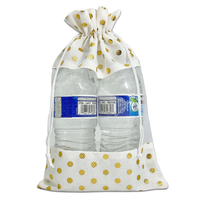 7 1/2" x 11 1/2" White with Gold Polka Dot Linen Burlap and Sheer Organza Gift Bag