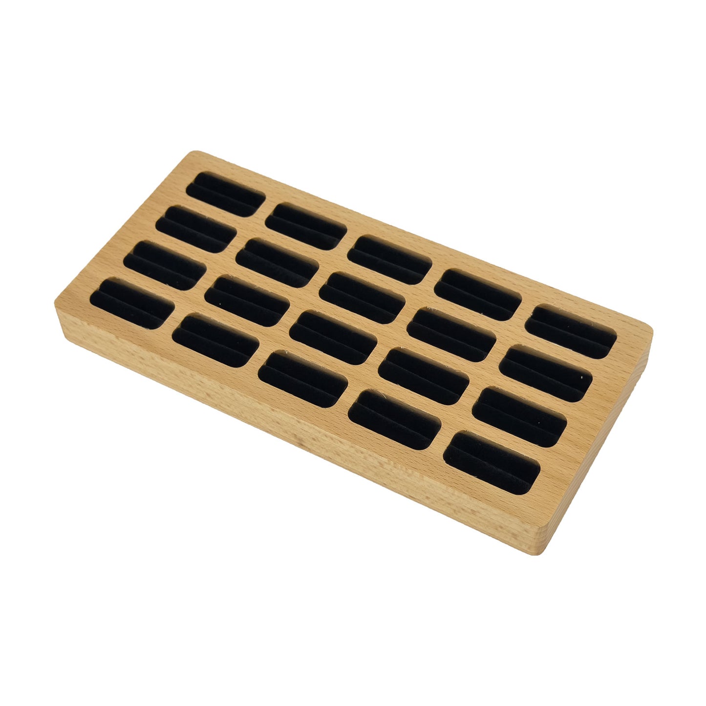 7 1/2" x 3 1/2" Wood Black Velvet 20-Slot Ring Display Tray