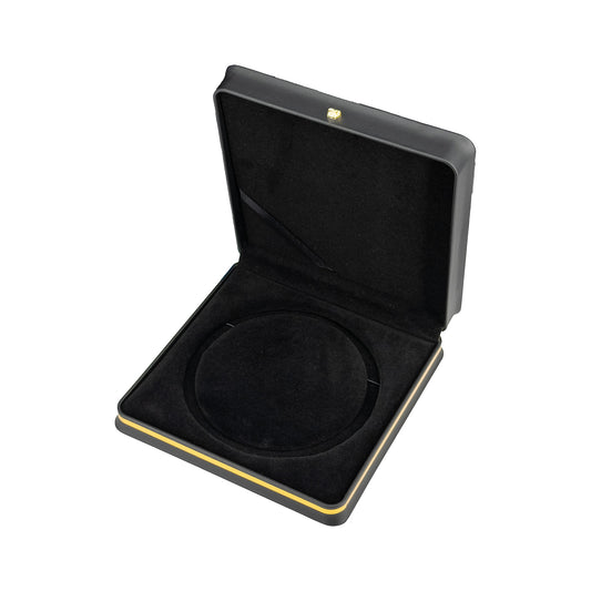 7 5/8" x 7 5/8" Black Leatherette Necklace Box with Gold Crown and Trim