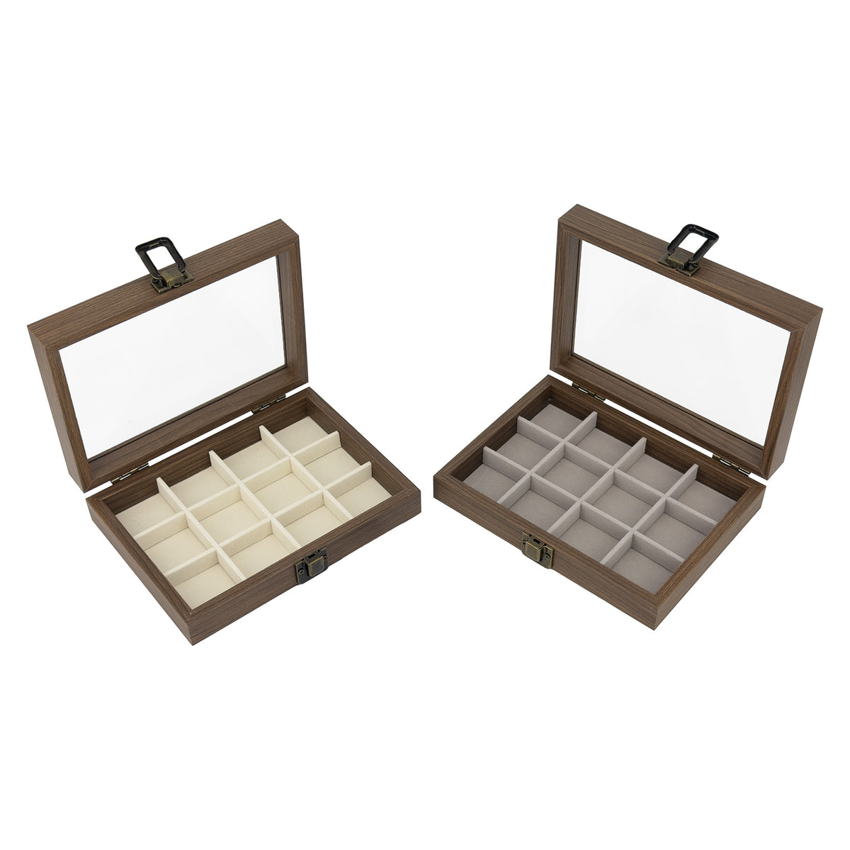 7 7/8" x 6" Dark Oak Finish Gray Velvet 12 Compartment Display Case with Glass Top
