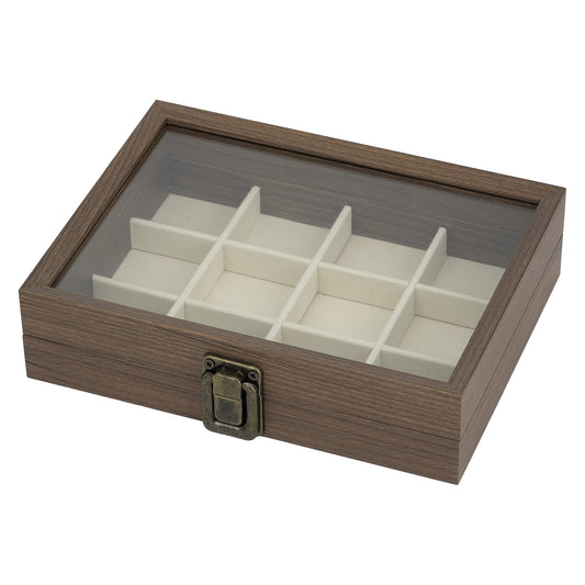 7 7/8" x 6" Dark Oak Finish Beige Velvet 12 Compartment Display Case with Glass Top