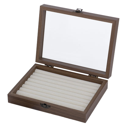 7 7/8" x 6" Dark Oak Finish Beige Velvet 8 Row Ring Display Case with Glass Top
