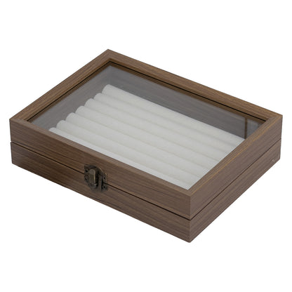 7 7/8" x 6" Dark Oak Finish Beige Velvet 8 Row Ring Display Case with Glass Top
