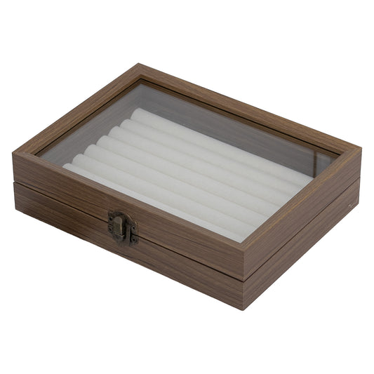 7 7/8" x 6" Dark Oak Finish Beige Velvet 8 Row Ring Display Case with Glass Top