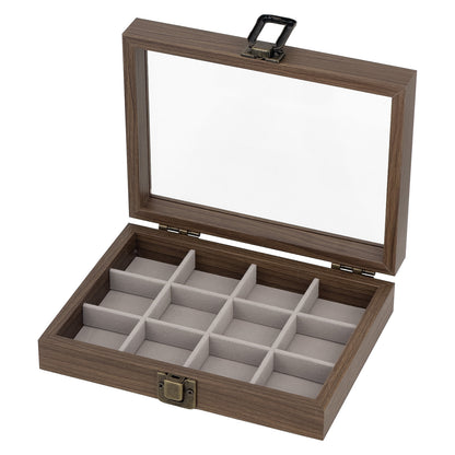 7 7/8" x 6" Dark Oak Finish Gray Velvet 12 Compartment Display Case with Glass Top
