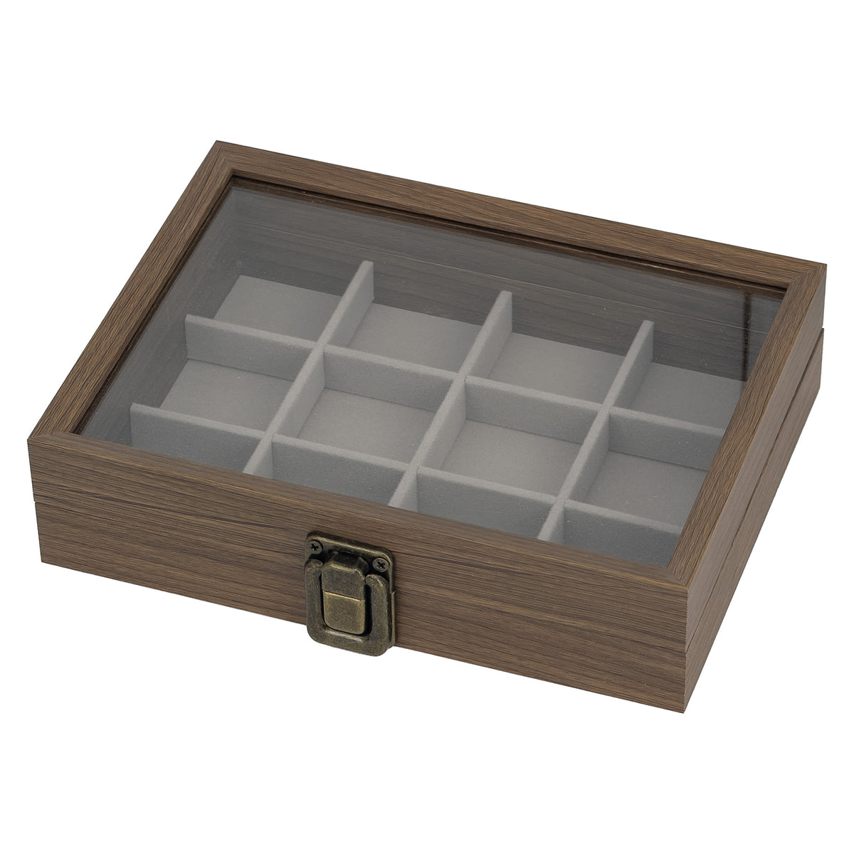 7 7/8" x 6" Dark Oak Finish Gray Velvet 12 Compartment Display Case with Glass Top