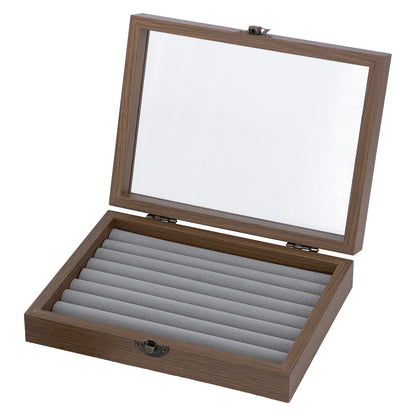 7 7/8" x 6" Dark Oak Finish Gray Velvet 8 Row Ring Display Case with Glass Top