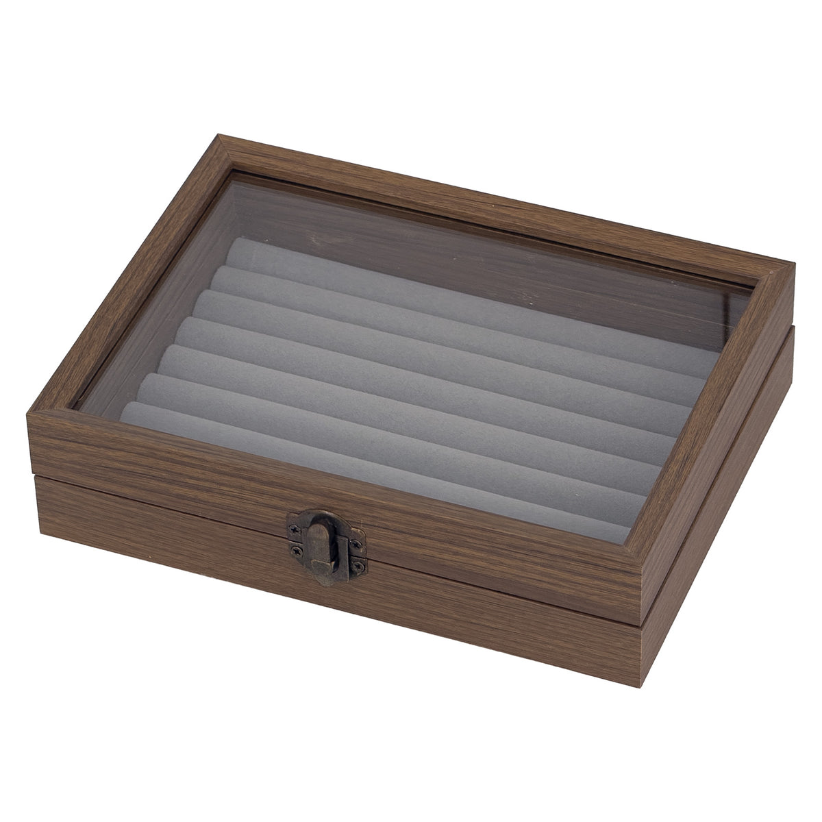 7 7/8" x 6" Dark Oak Finish Gray Velvet 8 Row Ring Display Case with Glass Top