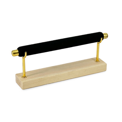 8 1/2" x 3" Collapsible Black Velvet Ring Holder with Pine Wood Base and Gold Accents