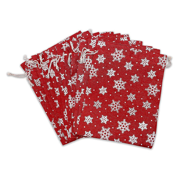 6" x 8" Jute Burlap Red Christmas White Snowflake Drawstring Gift Bags