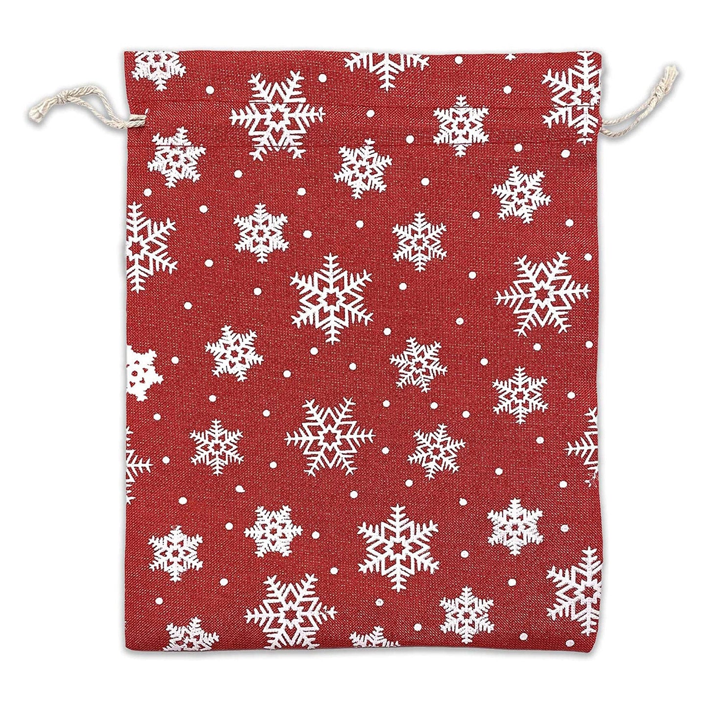 6" x 8" Jute Burlap Red Christmas White Snowflake Drawstring Gift Bags