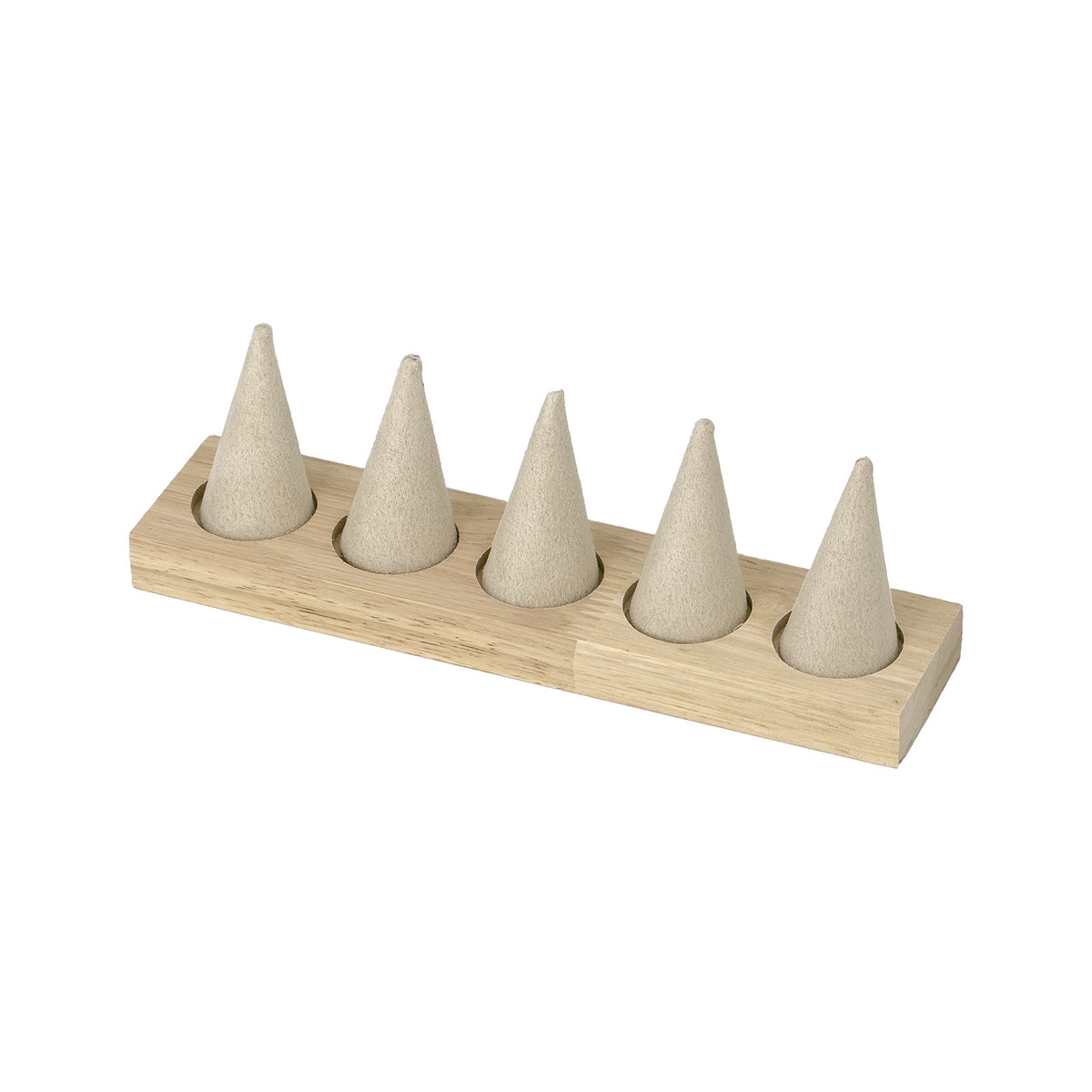 8" x 2 3/4" Beige Velvet Wood Base 5 Finger Ring Display