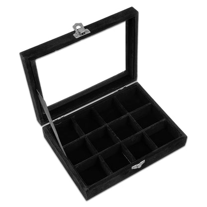 8" x 6" Black Velvet 12 Compartment Display Case with Glass Top