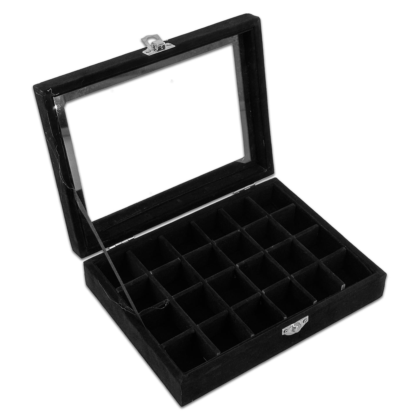 8" x 6" Black Velvet 24 Compartment Display Case w/ Glass Top
