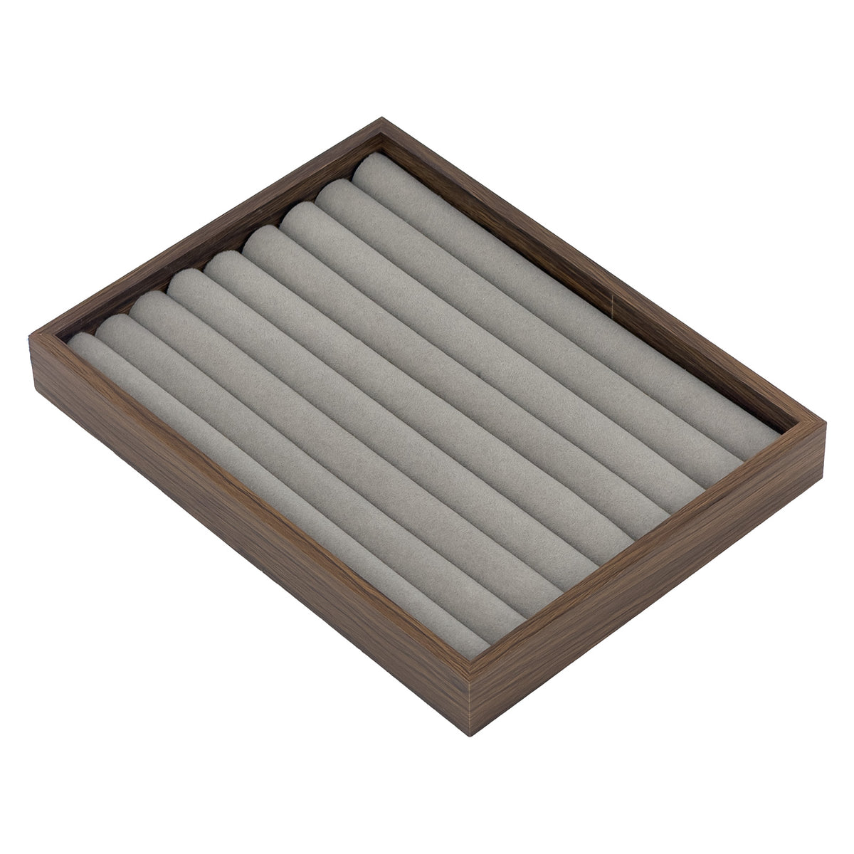 8" x 6" Gray Velvet 8 Row Ring Display Tray with Walnut Wood Print