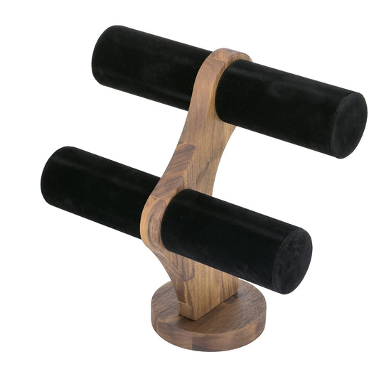 9 1/4" x 9 1/4" Black Velvet Walnut 2-Tier Round Bar Bracelet Display
