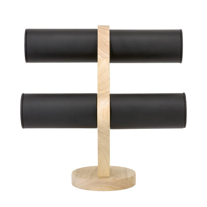9 1/4" x 9 1/4" Black Leatherette Natural Wood 2-Tier Round Bar Bracelet Display