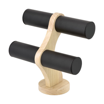 9 1/4" x 9 1/4" Black Leatherette Natural Wood 2-Tier Round Bar Bracelet Display