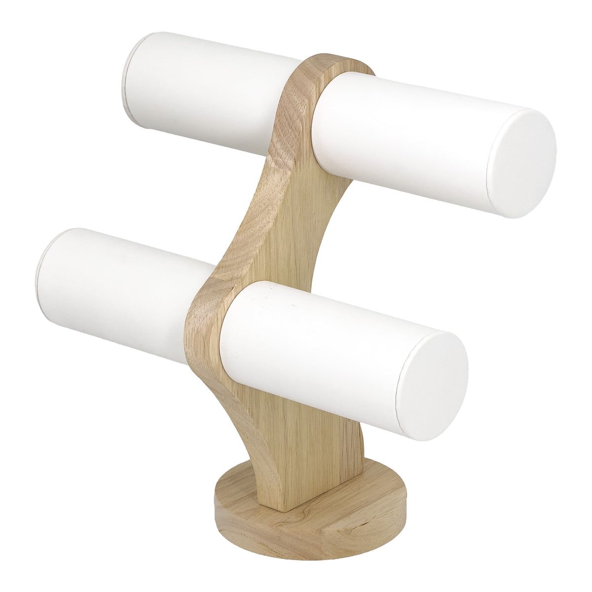 9 1/4" x 9 1/4" White Leatherette Natural Wood 2-Tier Round Bar Bracelet Display