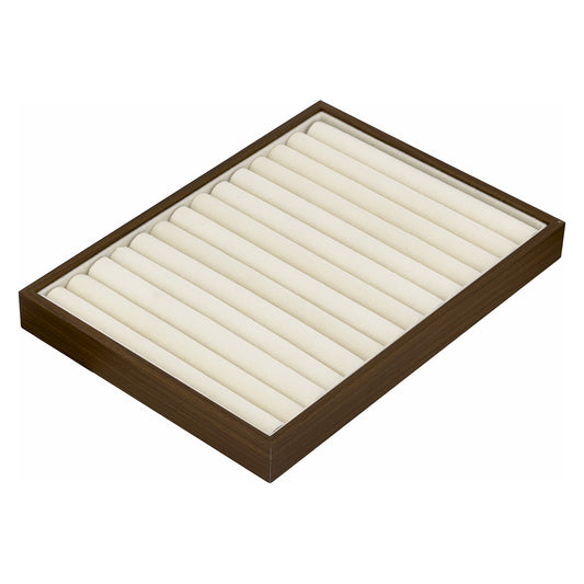 9 3/4" x 7" Beige Velvet 13 Row Ring Display Tray with Walnut Wood Print