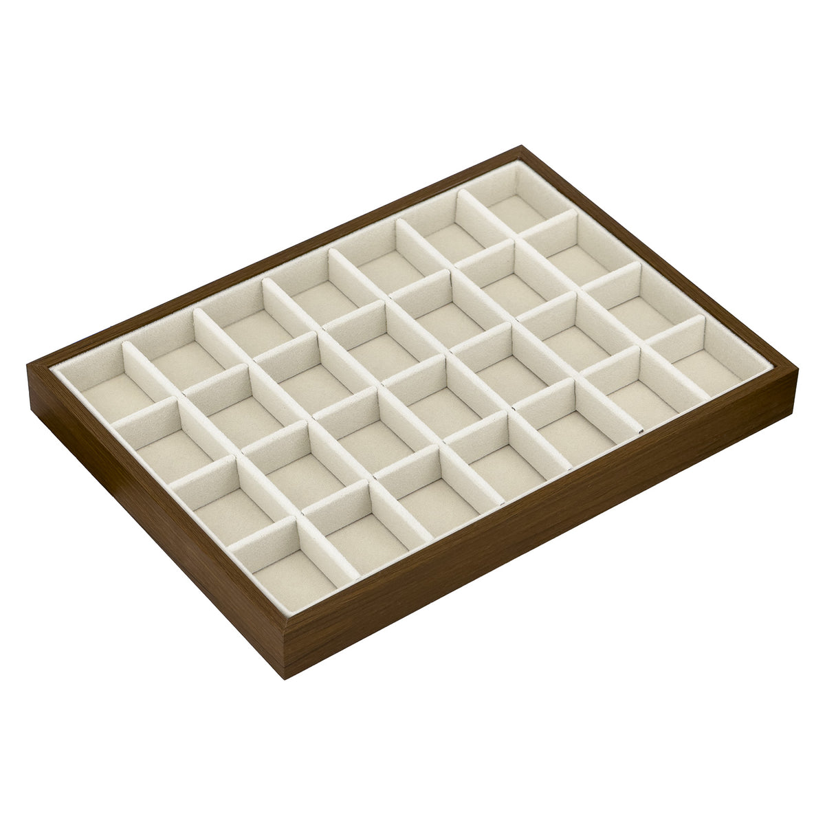 9 3/4" x 7" Beige Velvet 28 Compartment Jewelry Display Tray with Walnut Wood Print