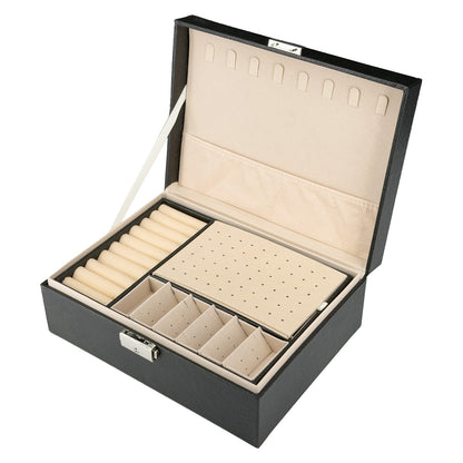 9" x 6 3/4" Black Leatherette Ivory Velvet 2-Layer Jewelry Organizer Box