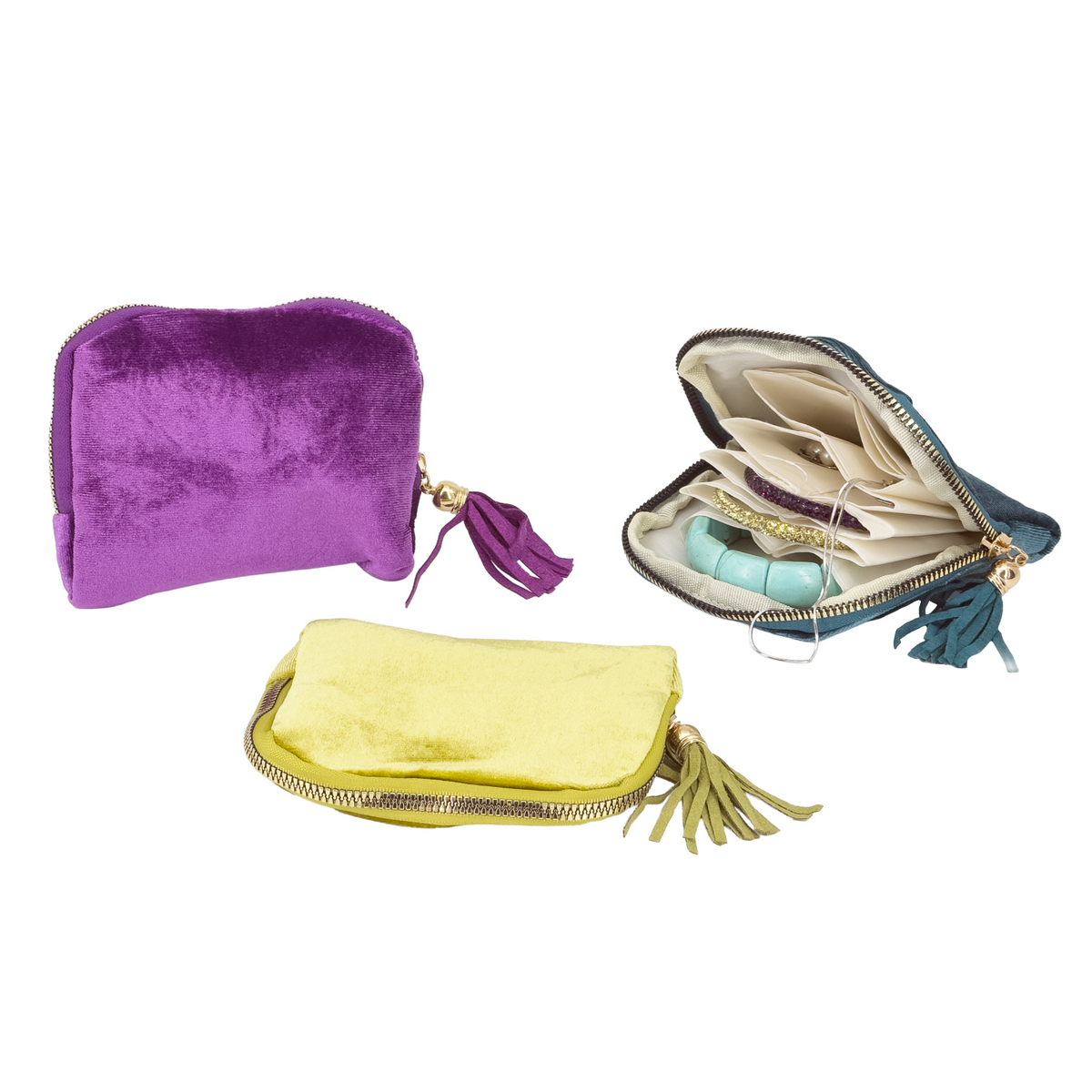 Dark Teal Velvet Jewelry Pouch and Organizer, 6 Interior Pockets