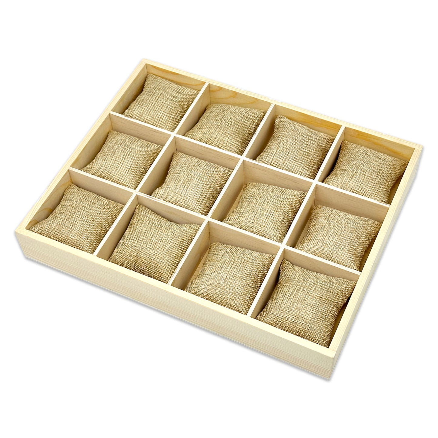 13 1/2" x 10 1/2" Natural Pine 12 Compartment Tray with 3" x 3" Burlap Pillows