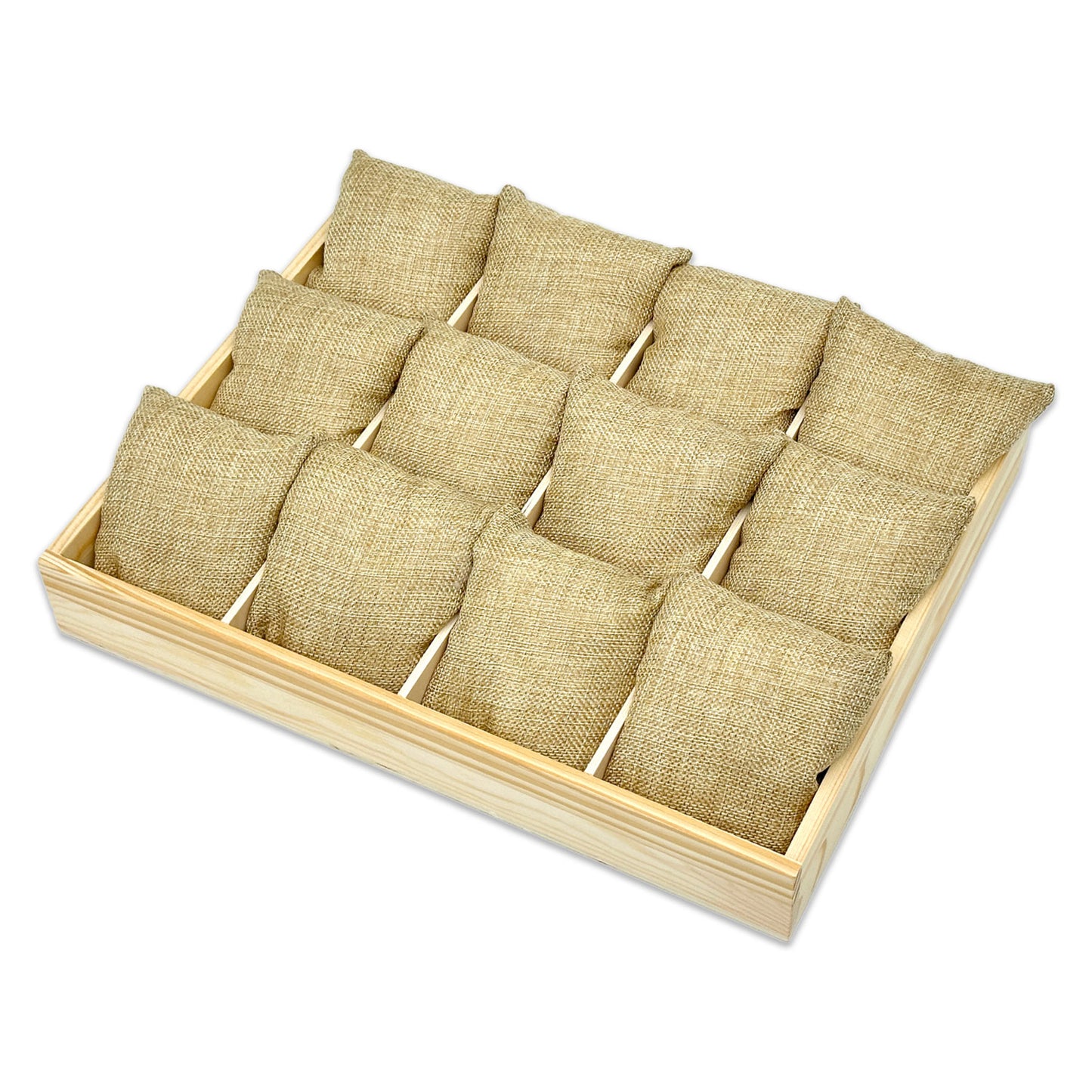 13 1/2" x 10 1/2" Natural Pine 12 Compartment Tray with 4" x 4" Burlap Pillows