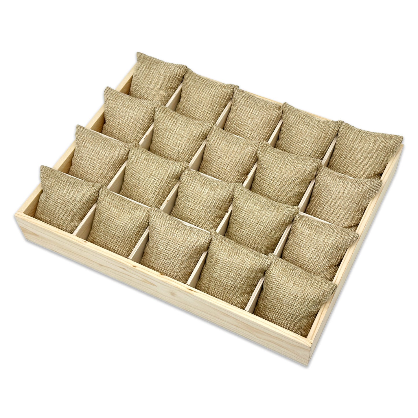 13 1/2" x 10 1/2" x 2" Natural Pine 20 Compartment Jewelry Display Tray with Burlap Pillows