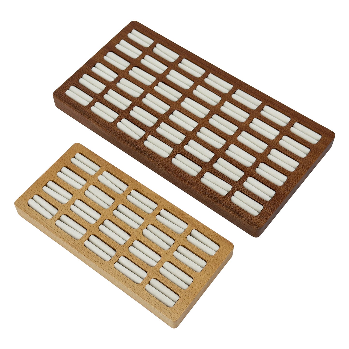 10 1/4" x 5 1/4" Dark Oak White Velvet 42-Slot Ring Display Tray