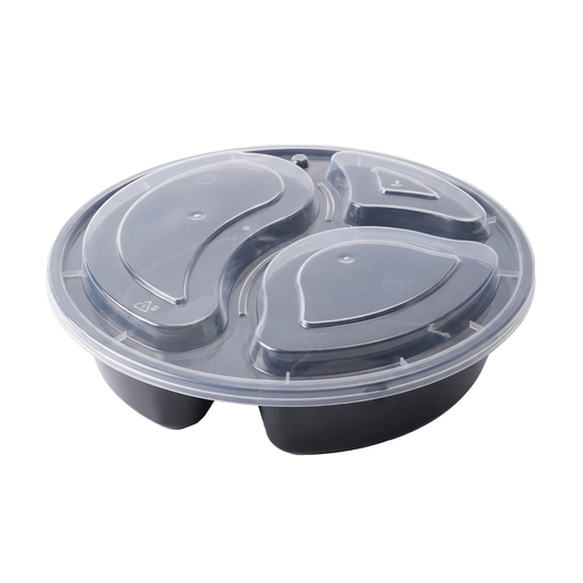 34 oz Three Compartment Round Plastic Disposable Food Containers (50 Pack)