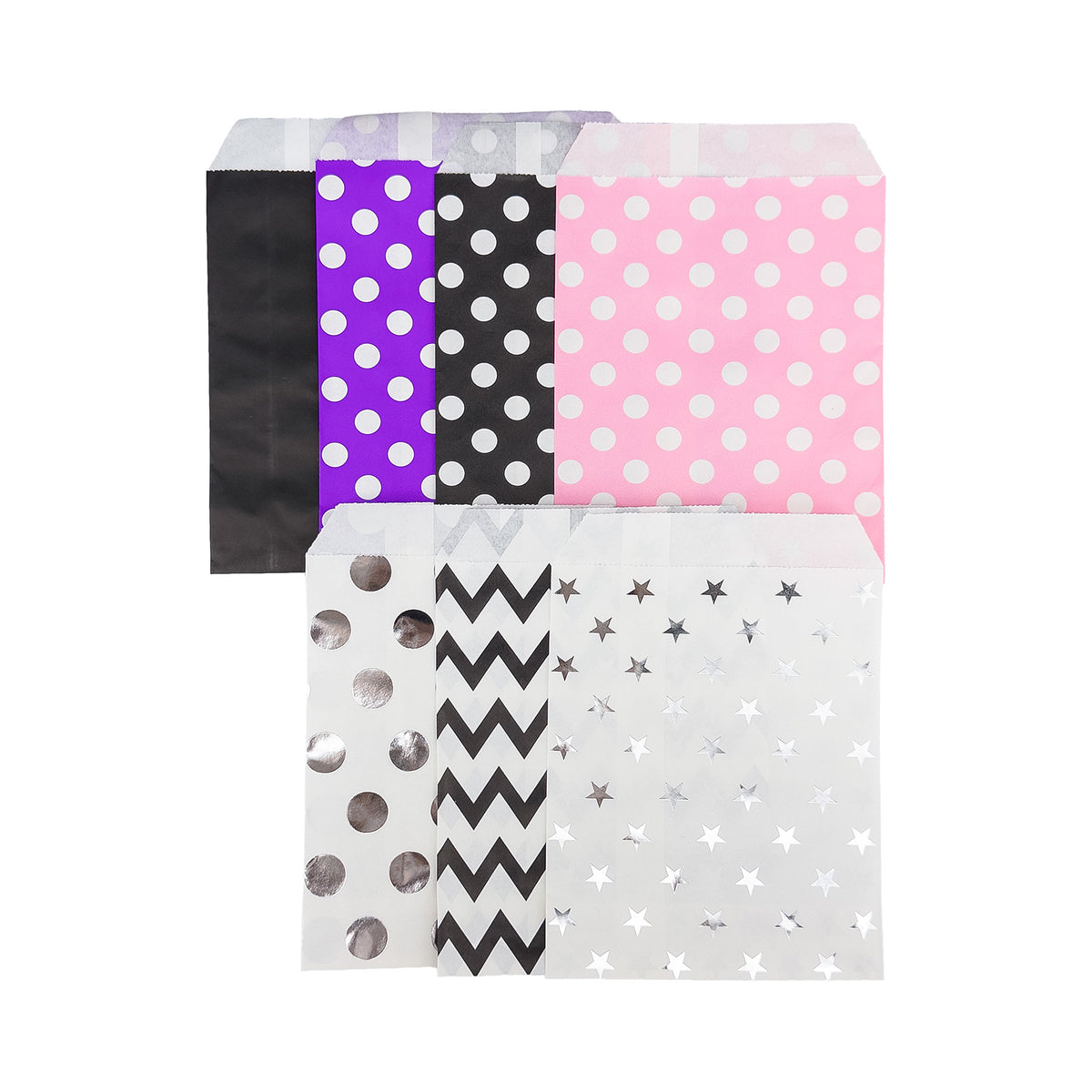 5" x 7" White and Silver Polka Dot Flat Paper Gift Shopping Bags (100 Pack)