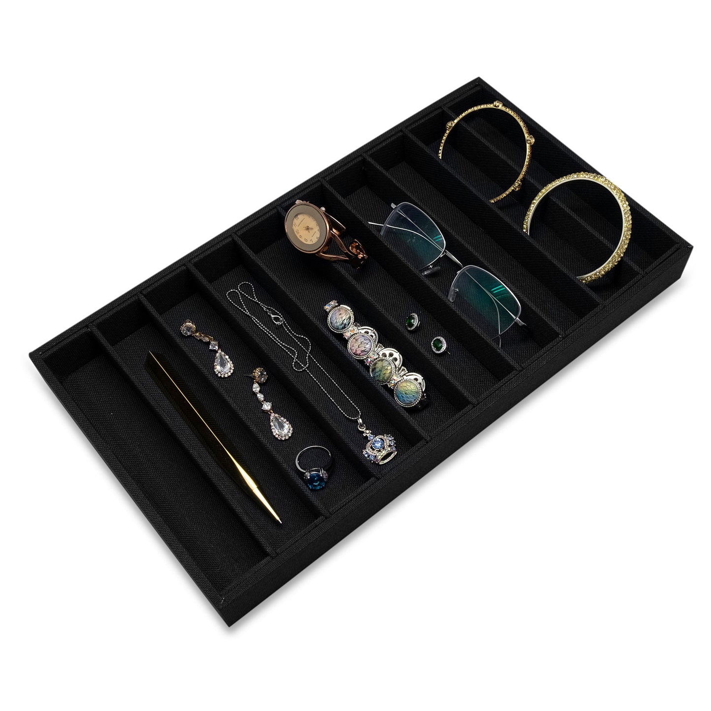 Black Linen 10 Column Compartment Jewelry Display Tray