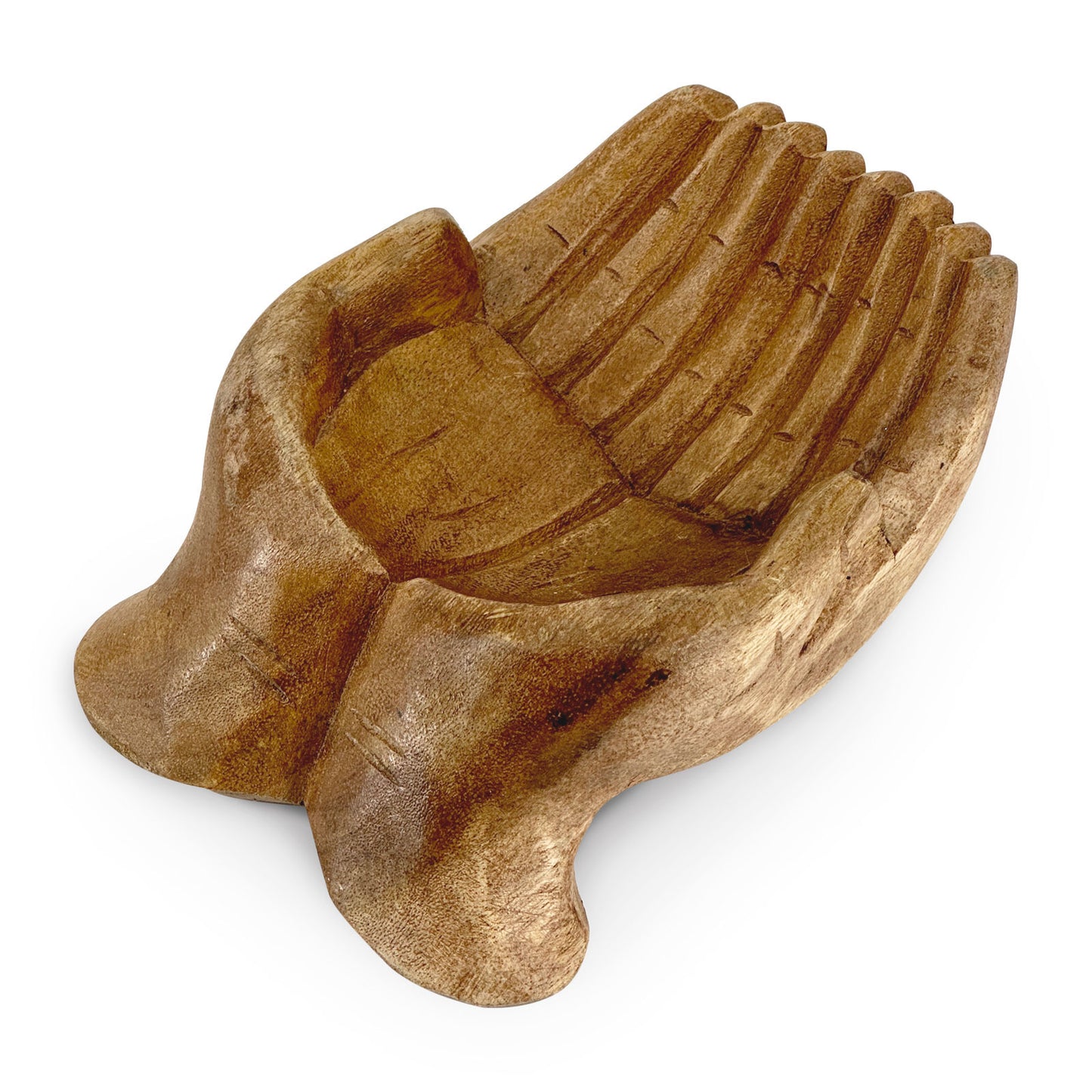 Carved Wood Cupped Hands Offering Bowl