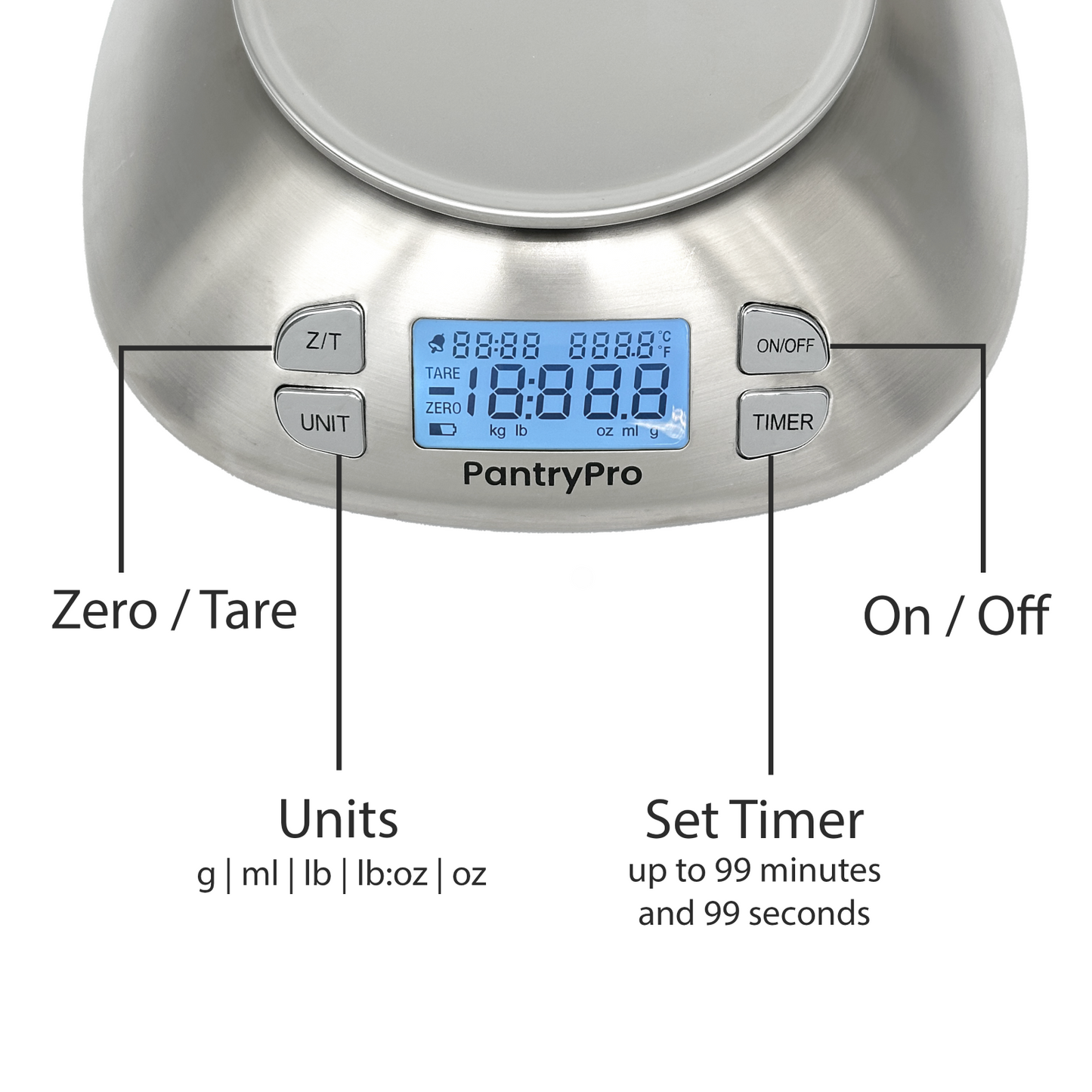 PantryPro 12 lb Capacity Stainless Steel Digital Kitchen Scale with Bowl