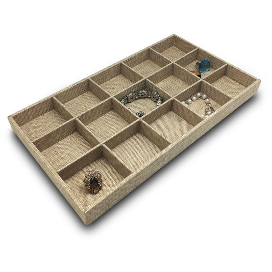 Deluxe Burlap 15 Compartment Stackable Jewelry Tray