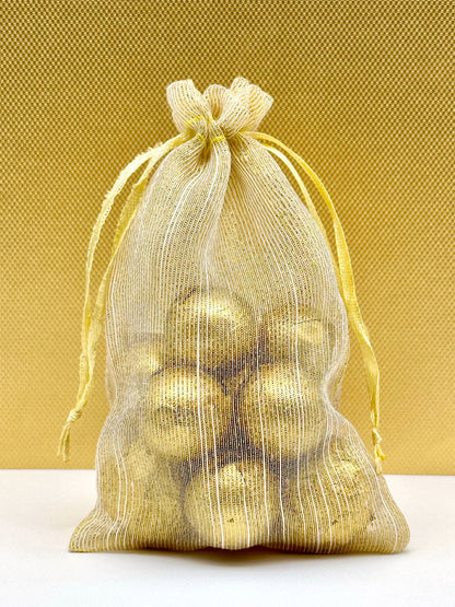 Gold Striped Weave Organza Drawstring Pouch Gift Bags