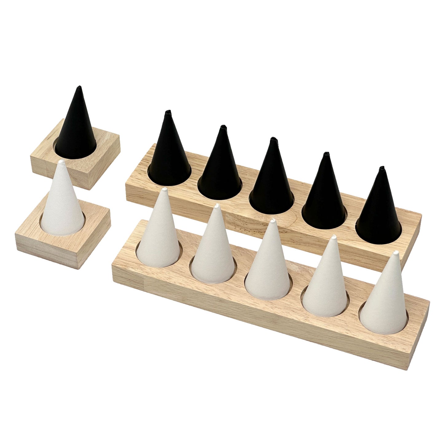 5 Finger White Leatherette and Wood Ring Display