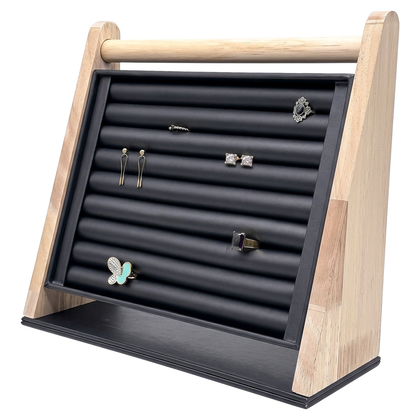 Natural Light Oak Wood and Black Leatherette Ring Jewelry Display Stand