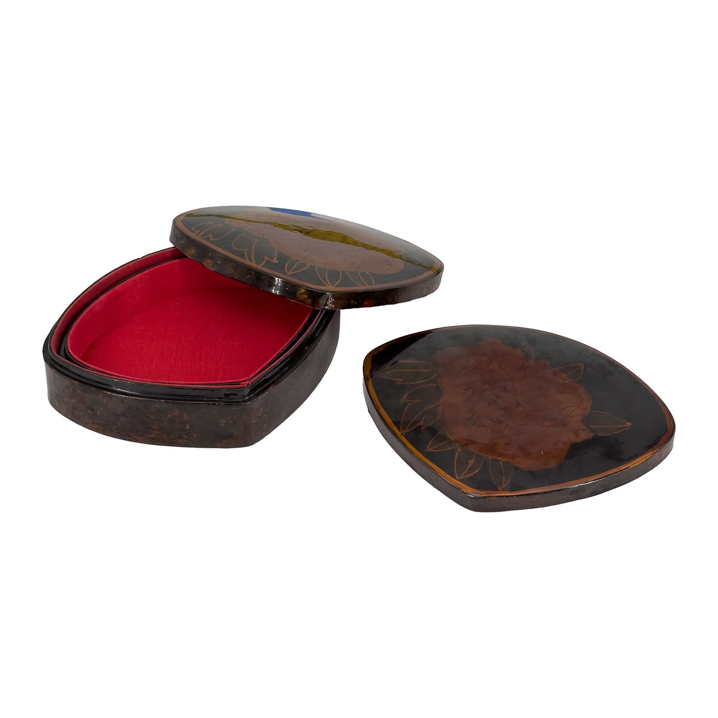 Nested Clam-Shaped Lacquer Trinket Box Set with Floral Design
