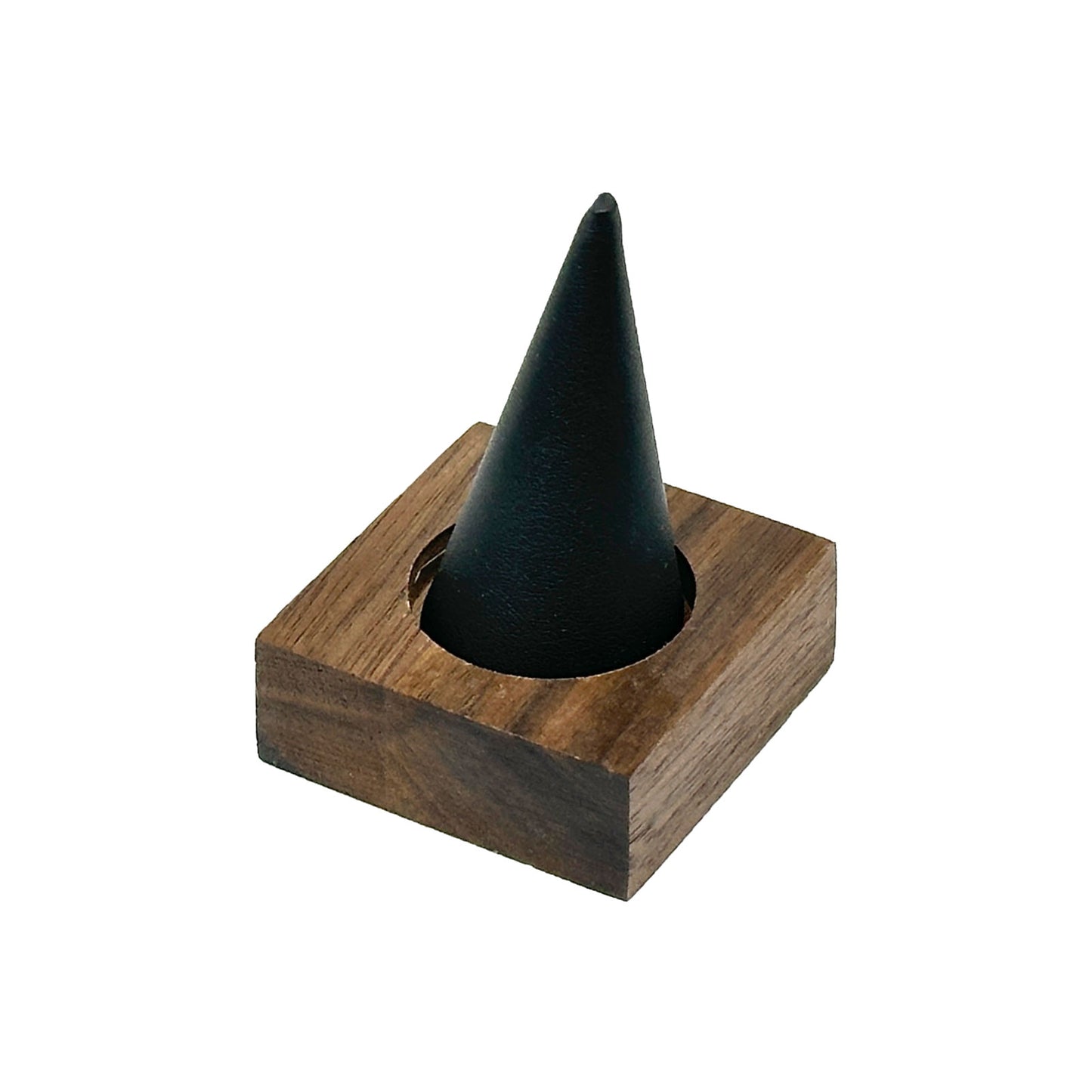 Single Finger Black Leatherette Walnut Base Ring Display