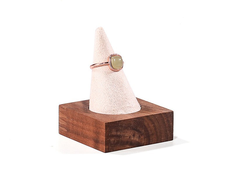 Single Finger Cream Microfiber Walnut Base Ring Display